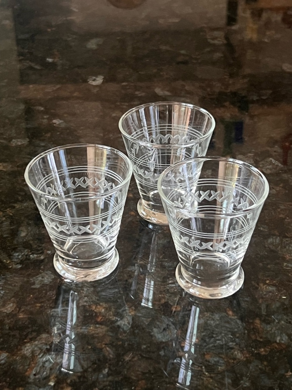 Set of (3) MCM 1960’s etched cordial glasses 3” tall